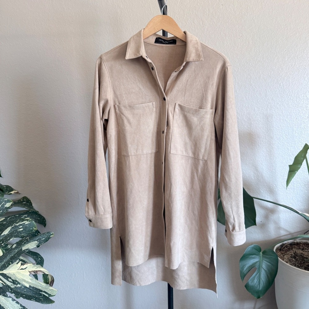 Akira Chicago Black Label Tan Faux Suede Shacket Snap Button Longline Shirt S